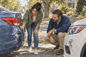Conceptual painting of two drivers calmly examining a small scrape on parked cars beside a neighborhood street.