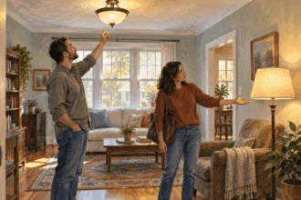 Conceptual painting of two people comparing a ceiling light and floor lamp during a home walkthrough.
