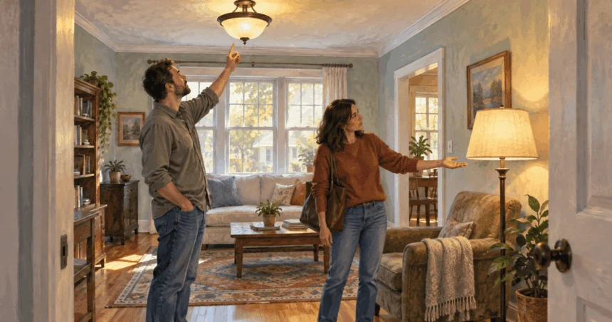 Conceptual painting of two people comparing a ceiling light and floor lamp during a home walkthrough.