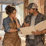 Painted illustration of a shop owner discussing renovation plans with a contractor in an unfinished storefront.