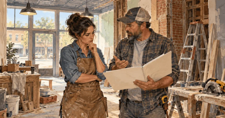 Painted illustration of a shop owner discussing renovation plans with a contractor in an unfinished storefront.