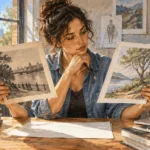 Painted illustration of an artist comparing an archival photograph with a modern drawing.
