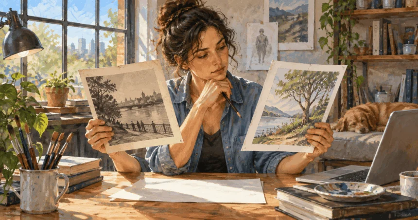 Painted illustration of an artist comparing an archival photograph with a modern drawing.