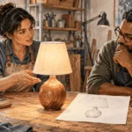 Conceptual painting of a maker showing a handmade lamp alongside its design drawing.