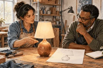 Conceptual painting of a maker showing a handmade lamp alongside its design drawing.