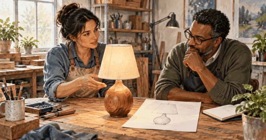 Conceptual painting of a maker showing a handmade lamp alongside its design drawing.