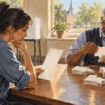 Painted illustration of a voter and election worker examining a ballot and state-shaped cards.