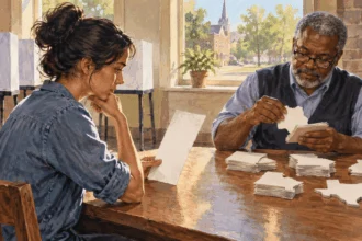 Painted illustration of a voter and election worker examining a ballot and state-shaped cards.