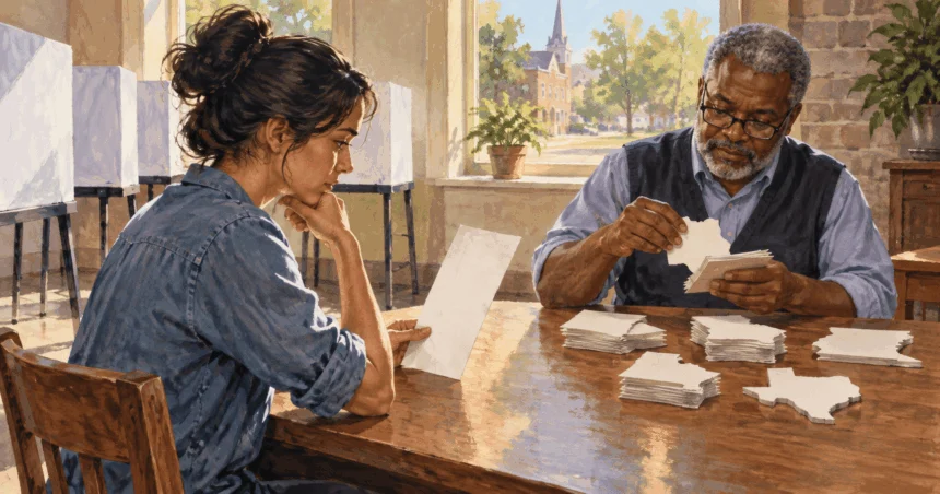 Painted illustration of a voter and election worker examining a ballot and state-shaped cards.