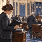 Conceptual painting of a legislative staffer checking a closed procedural binder as members gather.