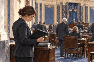Conceptual painting of a legislative staffer checking a closed procedural binder as members gather.