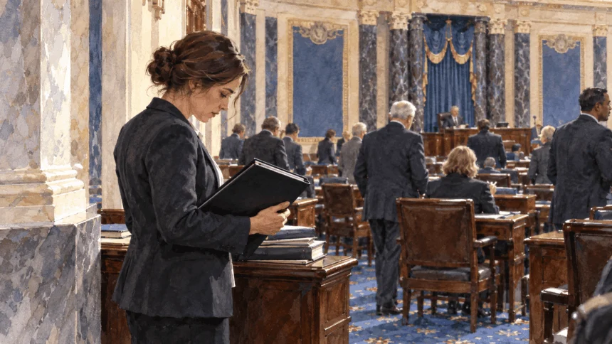 Conceptual painting of a legislative staffer checking a closed procedural binder as members gather.