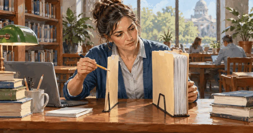 Painted illustration of a researcher comparing two sets of campaign-finance filing folders.
