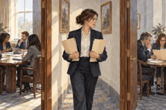 Conceptual painting of congressional staff moving between two committee meetings.