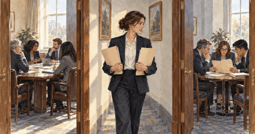 Conceptual painting of congressional staff moving between two committee meetings.