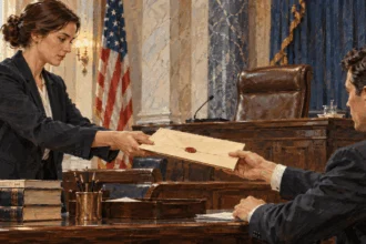 Conceptual painting of legislative clerks transferring a folder for a Senate proceeding.