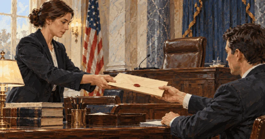 Conceptual painting of legislative clerks transferring a folder for a Senate proceeding.