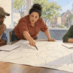 Painted illustration of at a county planning table, two residents and a mapmaker compare blank district outlines on a large paper map.