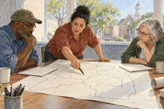 Painted illustration of at a county planning table, two residents and a mapmaker compare blank district outlines on a large paper map.