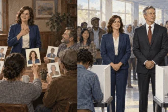 Conceptual two-moment painting of a candidate selected by a group, then facing another candidate before voters.