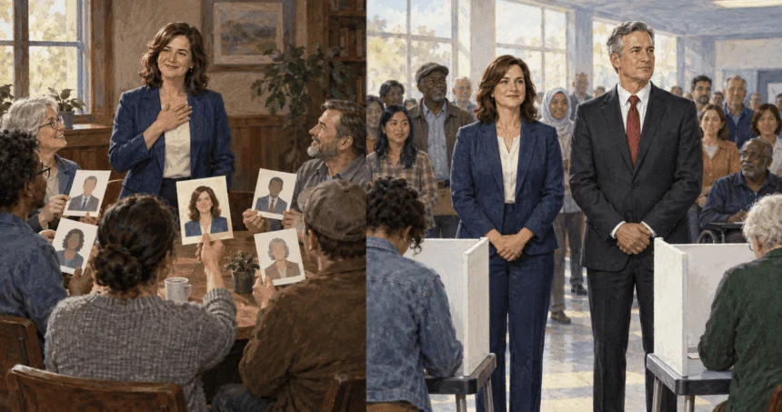 Conceptual two-moment painting of a candidate selected by a group, then facing another candidate before voters.