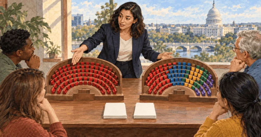 Painted scene of an educator comparing two different legislative seat patterns.