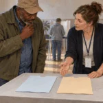 Painted illustration of a voter discussing two blank primary ballot sleeves with an election worker.