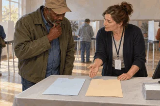 Painted illustration of a voter discussing two blank primary ballot sleeves with an election worker.