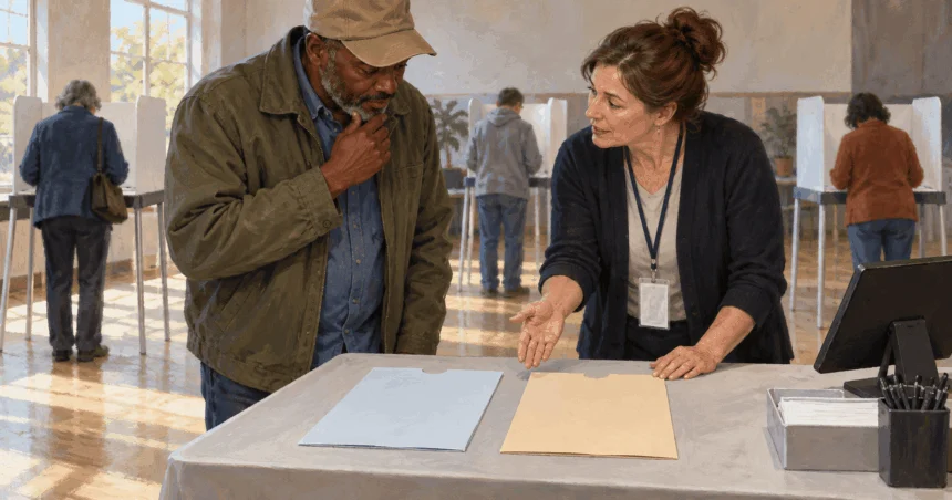 Painted illustration of a voter discussing two blank primary ballot sleeves with an election worker.