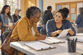 Painted illustration of a resident discussing a petition at a community table.
