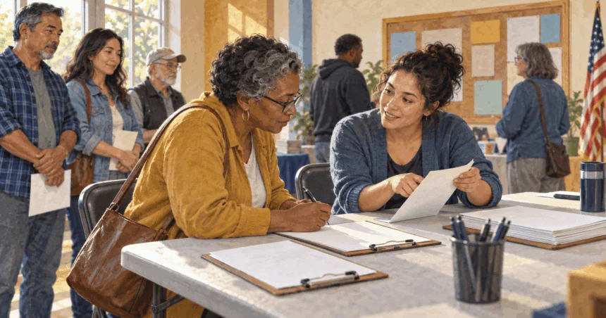Painted illustration of a resident discussing a petition at a community table.