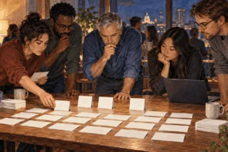 Conceptual painting of election watchers focusing on a few unresolved state results.
