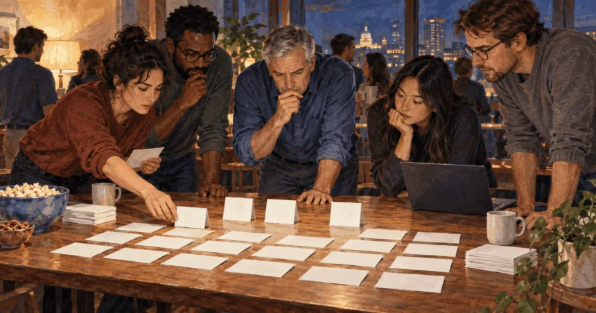 Conceptual painting of election watchers focusing on a few unresolved state results.