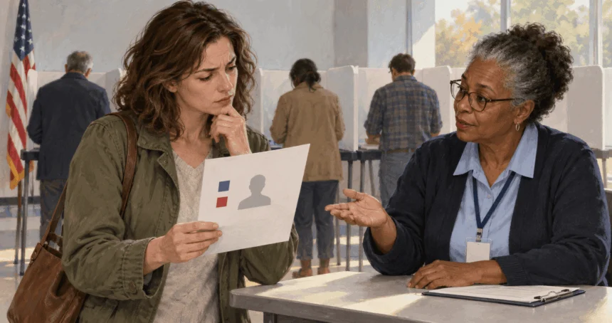 Conceptual painting of a voter asking about a ballot at a polling place.