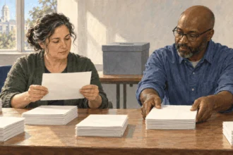 Painted illustration of two election workers reviewing and sorting paper ballots at a table.