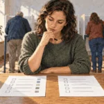Conceptual painting of a voter comparing different ballot formats.