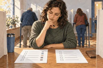 Conceptual painting of a voter comparing different ballot formats.