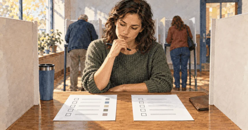 Conceptual painting of a voter comparing different ballot formats.
