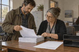 An elections clerk and candidate review ballot access papers.