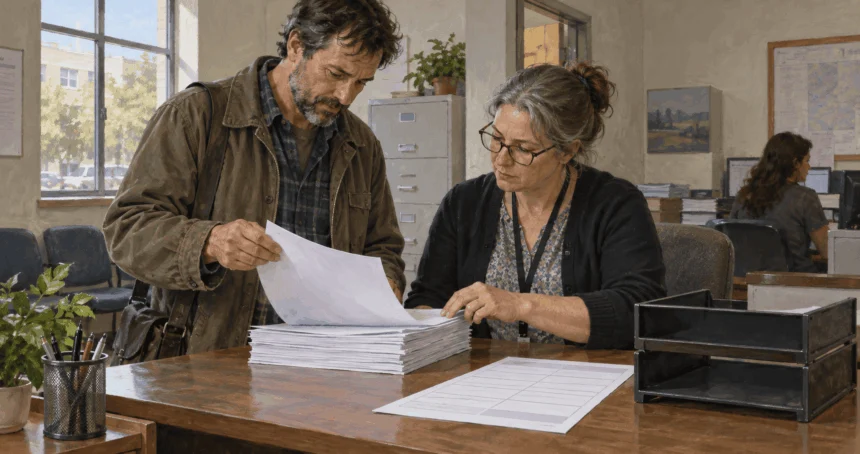 An elections clerk and candidate review ballot access papers.