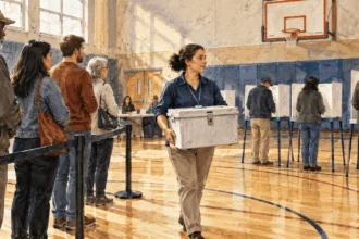 Conceptual painting of a poll worker preparing a neutral polling place as voters arrive.