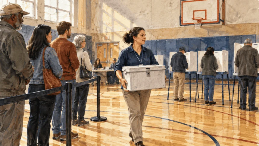 Conceptual painting of a poll worker preparing a neutral polling place as voters arrive.