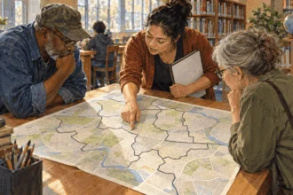 Conceptual painting of residents and an election worker examining district boundaries on a map.