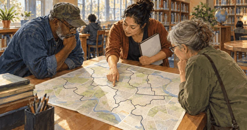 Conceptual painting of residents and an election worker examining district boundaries on a map.