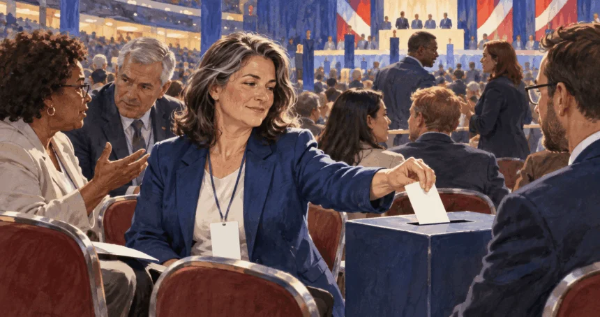 Conceptual painting of a convention delegate casting a vote card.