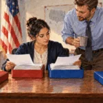 Campaign workers examine separate stacks of financial records.