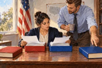 Campaign workers examine separate stacks of financial records.