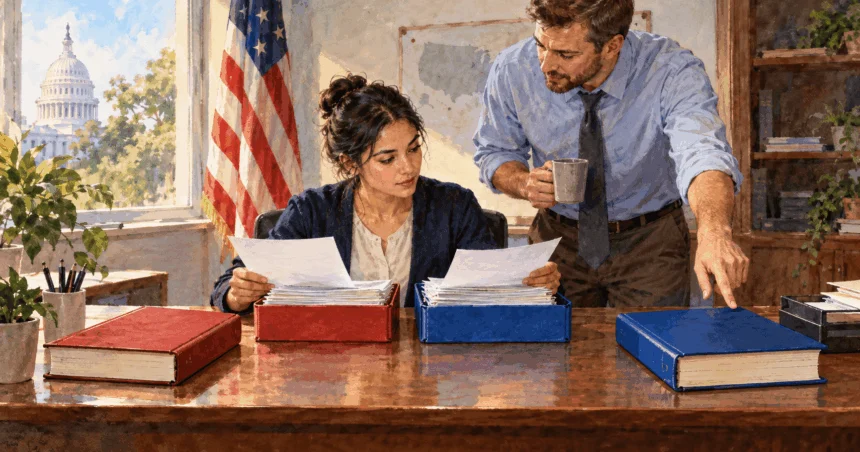 Campaign workers examine separate stacks of financial records.