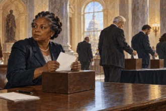 Painted illustration of an elector pausing over a paper ballot as other electors cast theirs.