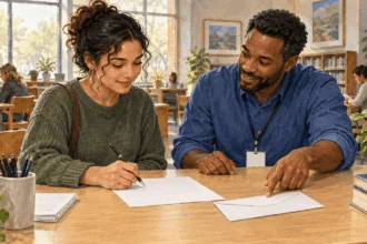 Painted scene of a volunteer helping a resident with voter registration at a library.